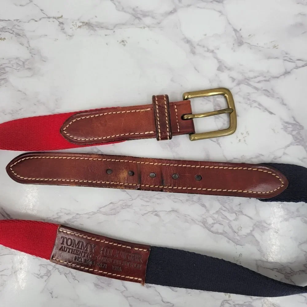 Tommy Hilfiger Vintage 90s Belt Red Blue Brown Leather Surplus Mens Size 32 USA